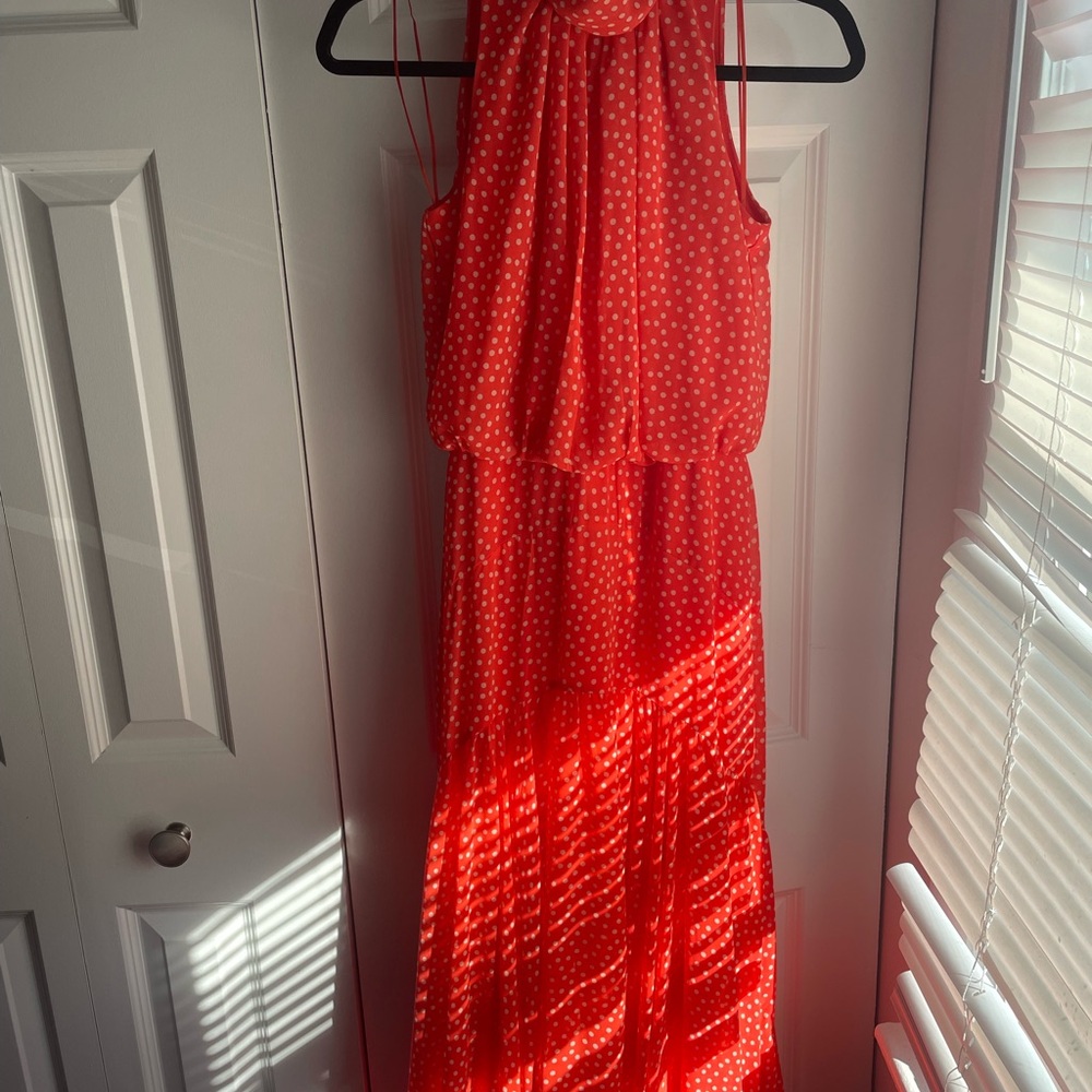 Just Taylor Vibrant Orange Sleeveless Dress with Polka Dots